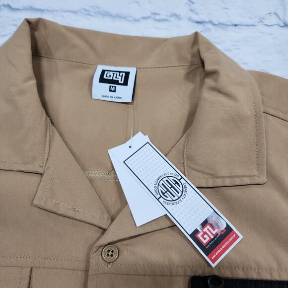 GTL4 MENS SIZE M Tan Button Front Short Sleeve Mesh Zip Pocket Military - Picture 8 of 10